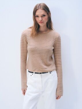 White Warren Cashmere Striped Pointelle Top